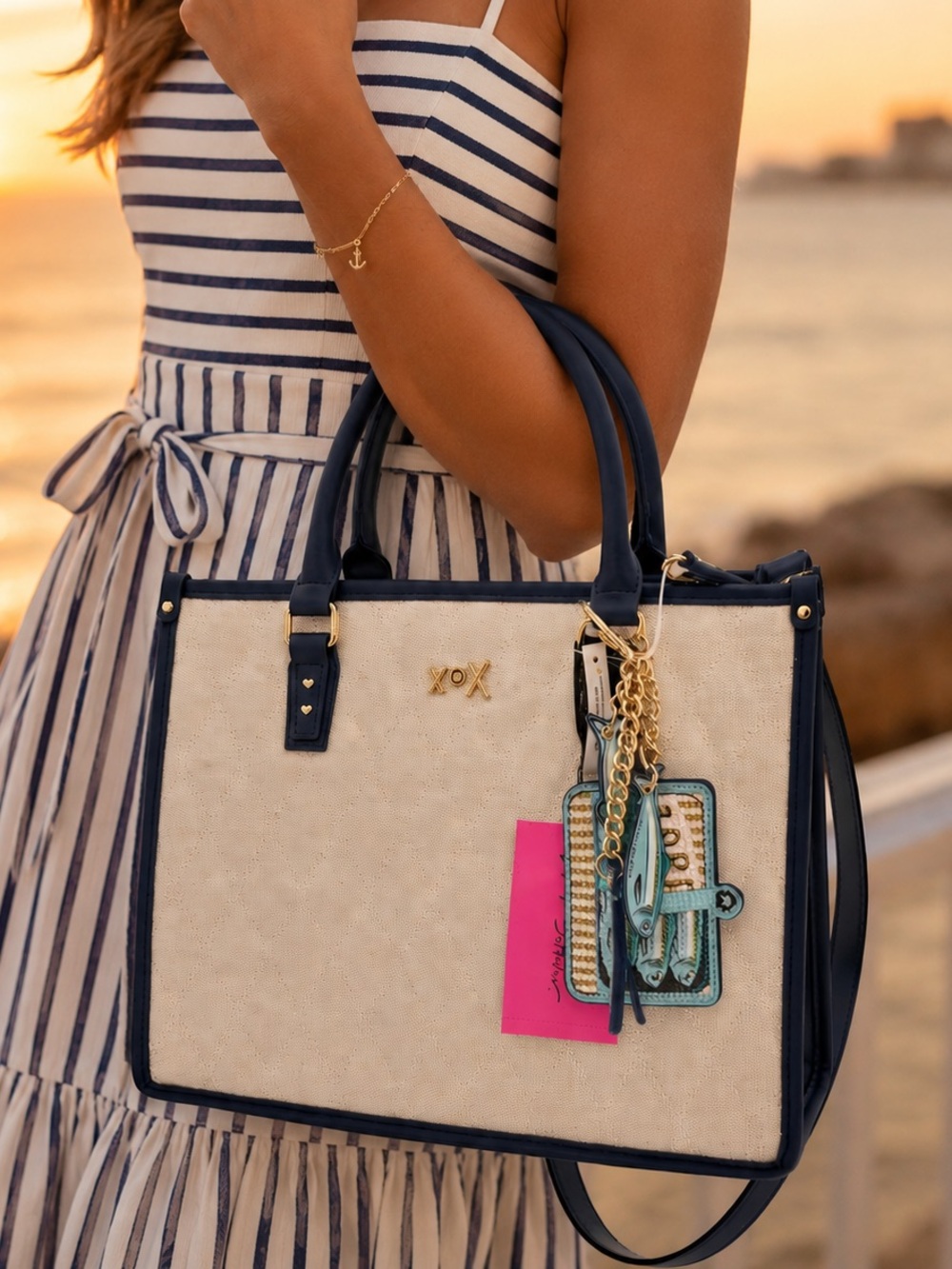 Betsey Johnson XOLala Sardine tote in quilted cream and navy nautical theme